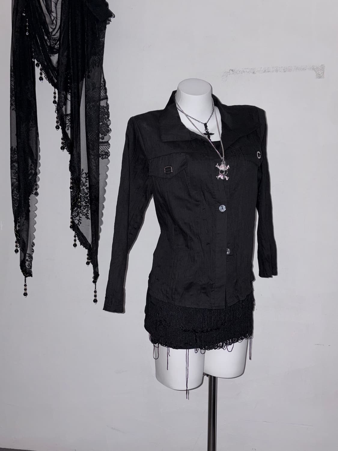 테슬 딱붙 나시원피스 그런지 고스 인더스트리얼 오피움 락 블랙 상품이미지4