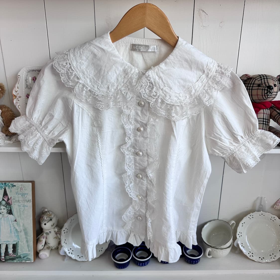레이스 블라우스 화이트 퍼프 반팔 상품이미지1