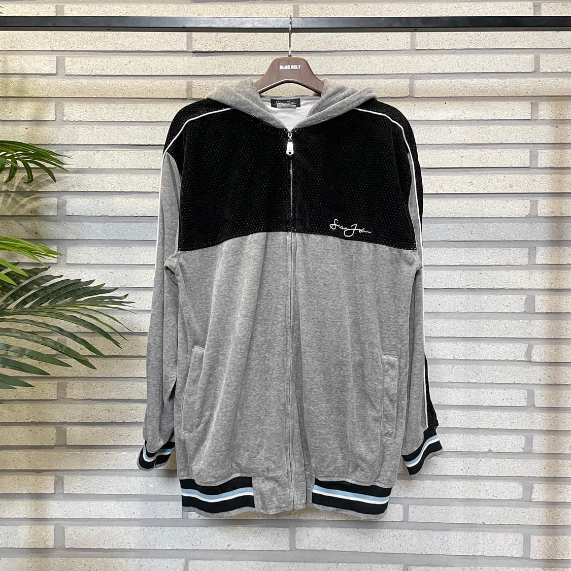 KR VINTAGE 벨벳 후드집업 스트라이프 시보리 디테일 그레이 상품이미지2