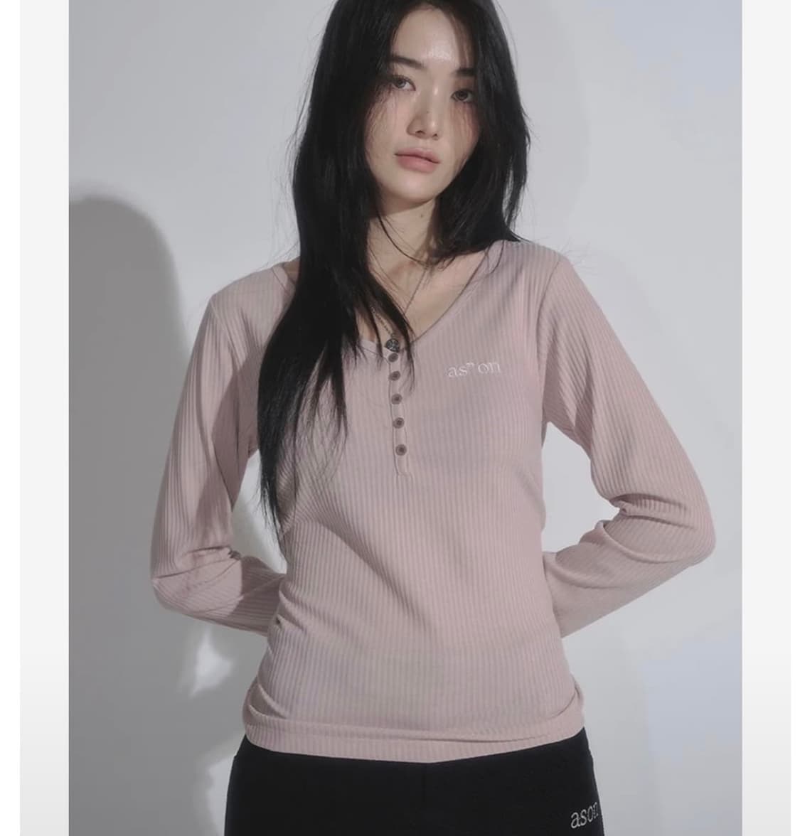 애즈온 버튼티 핑크 WISH RIBBED BUTTON TEE 상품이미지1
