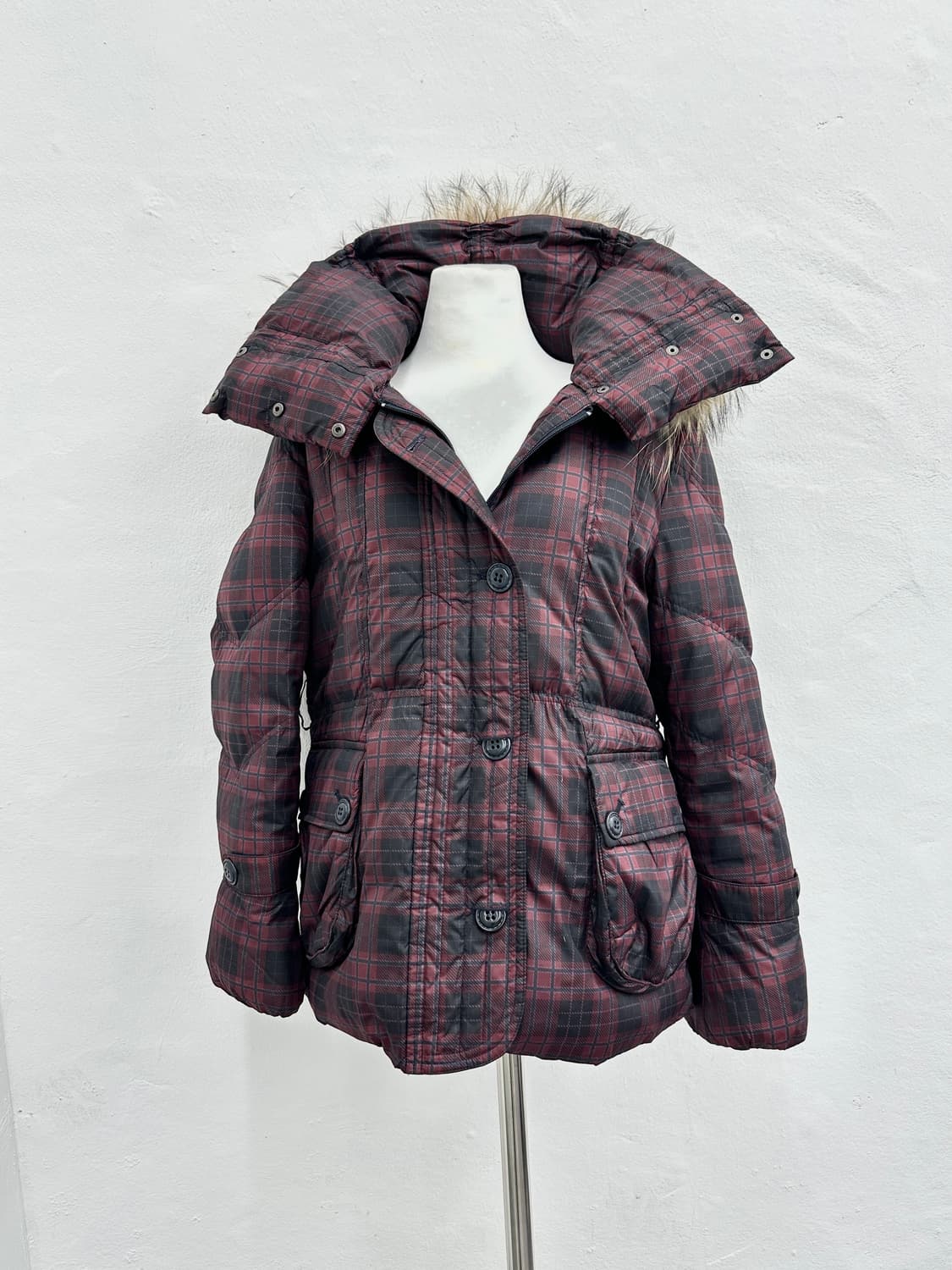 Raccoon fur high neck check puffer  상품이미지2
