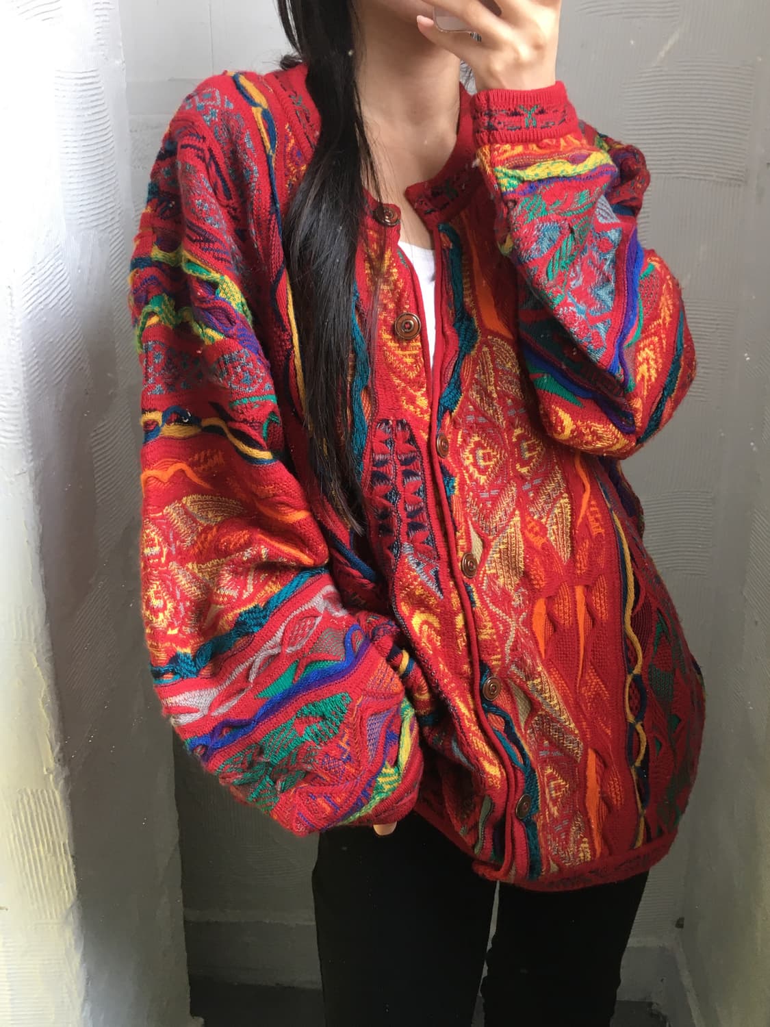 Coogi 쿠지 레드 멀티컬러 케이블 울 니트 가디건 상품이미지3