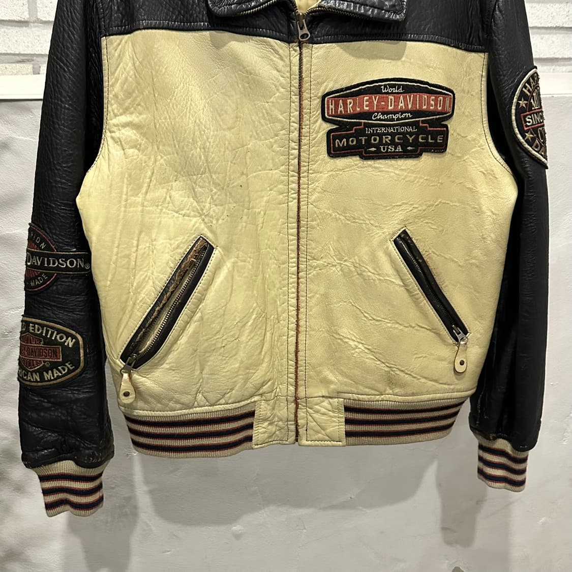 할리데이비슨 가죽 레더 라이더 자켓 패치 레터링 로고 디테일 크림&블랙 상품이미지5