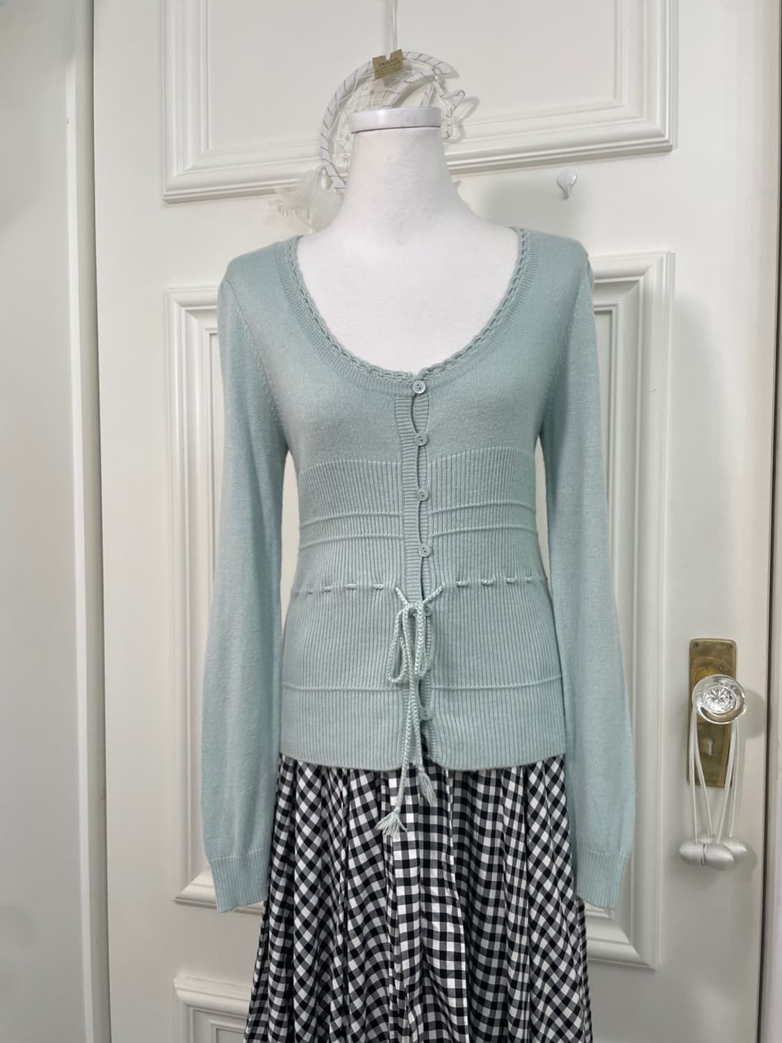 mint lace-up point puff slim cardigan 상품이미지1