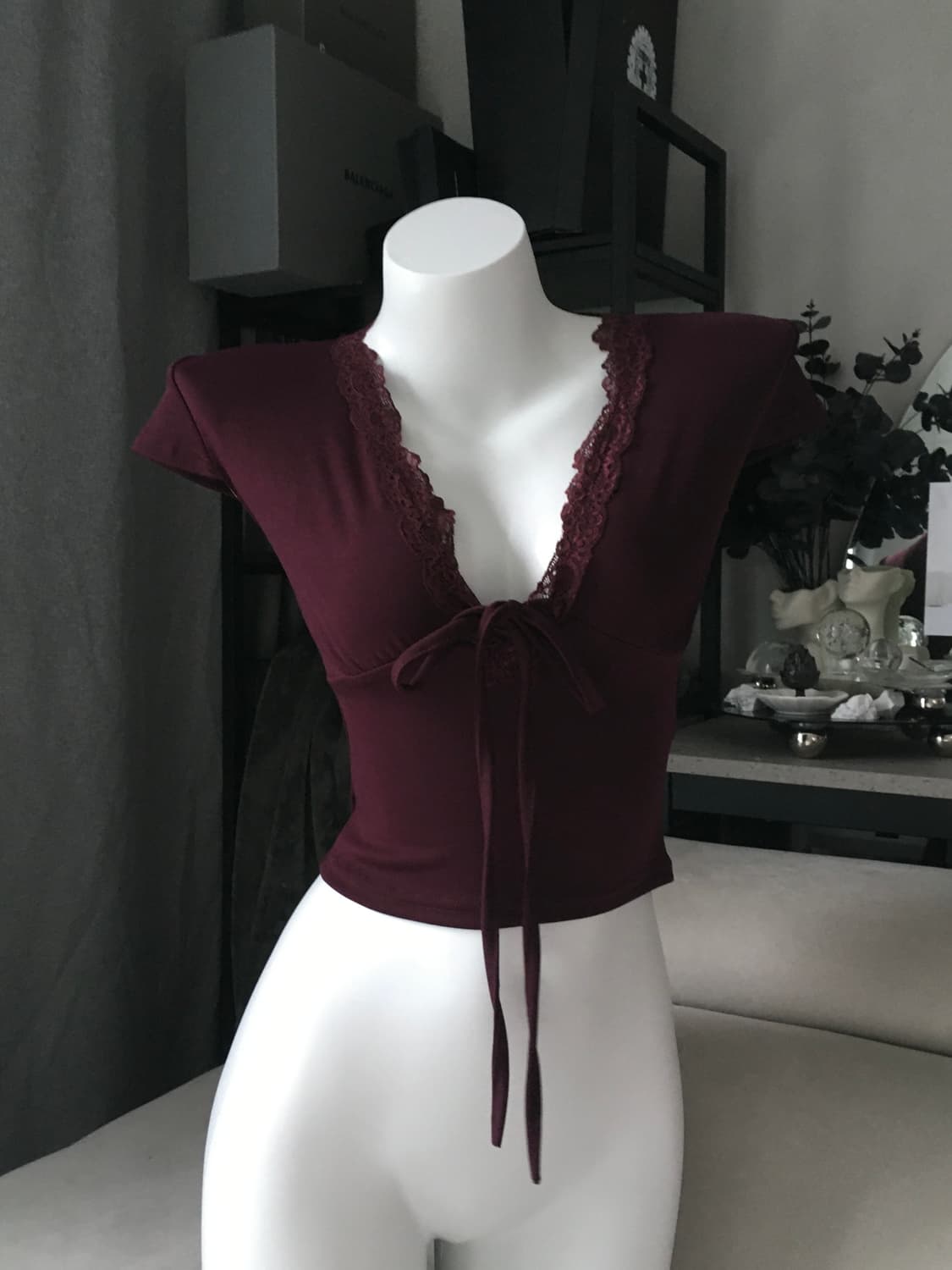 ༒ wine lace ribbon top 상품이미지1