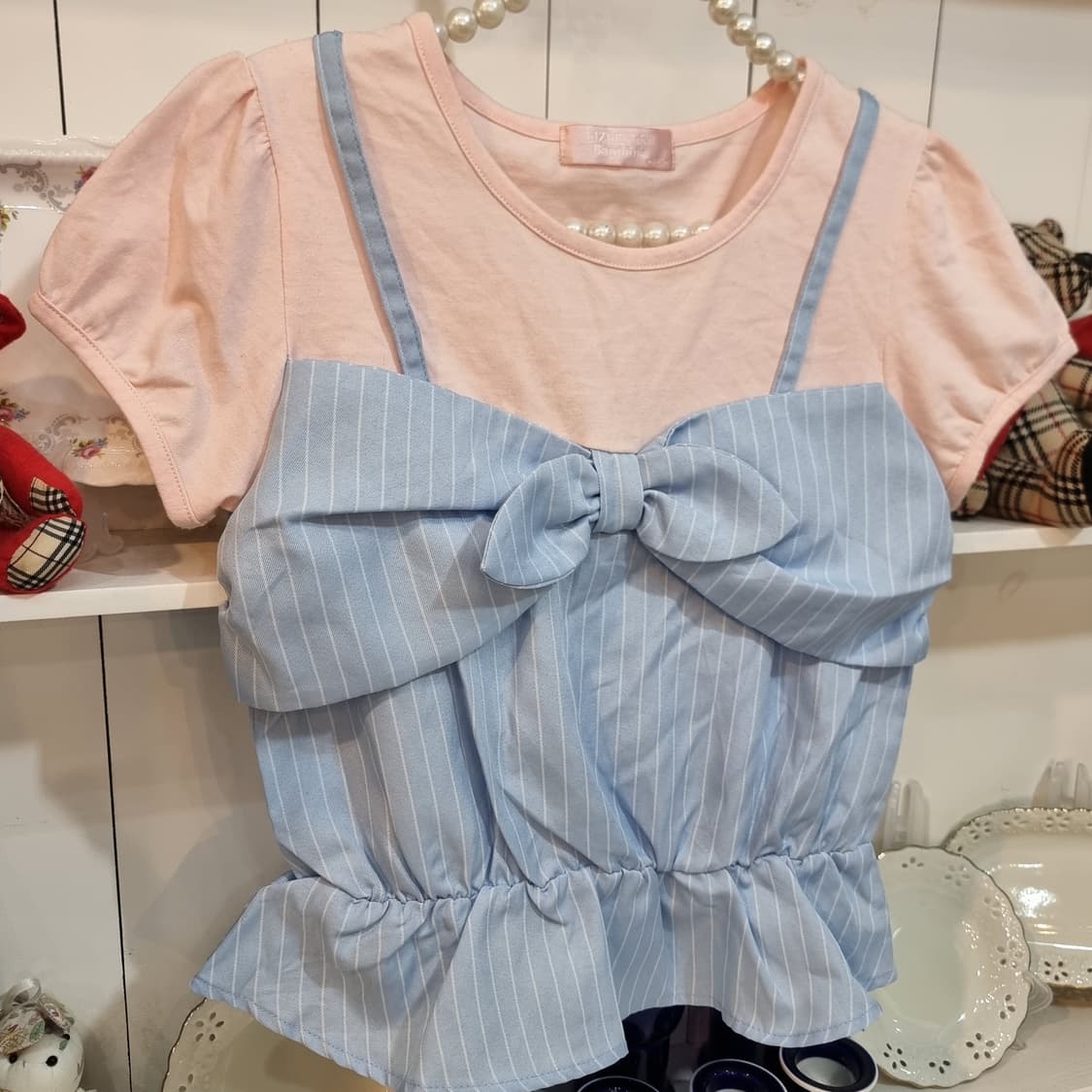 LIZ LISA doll(리즈리사 돌) 핑크×스카이블루 레이어드 리본 티 상품이미지2