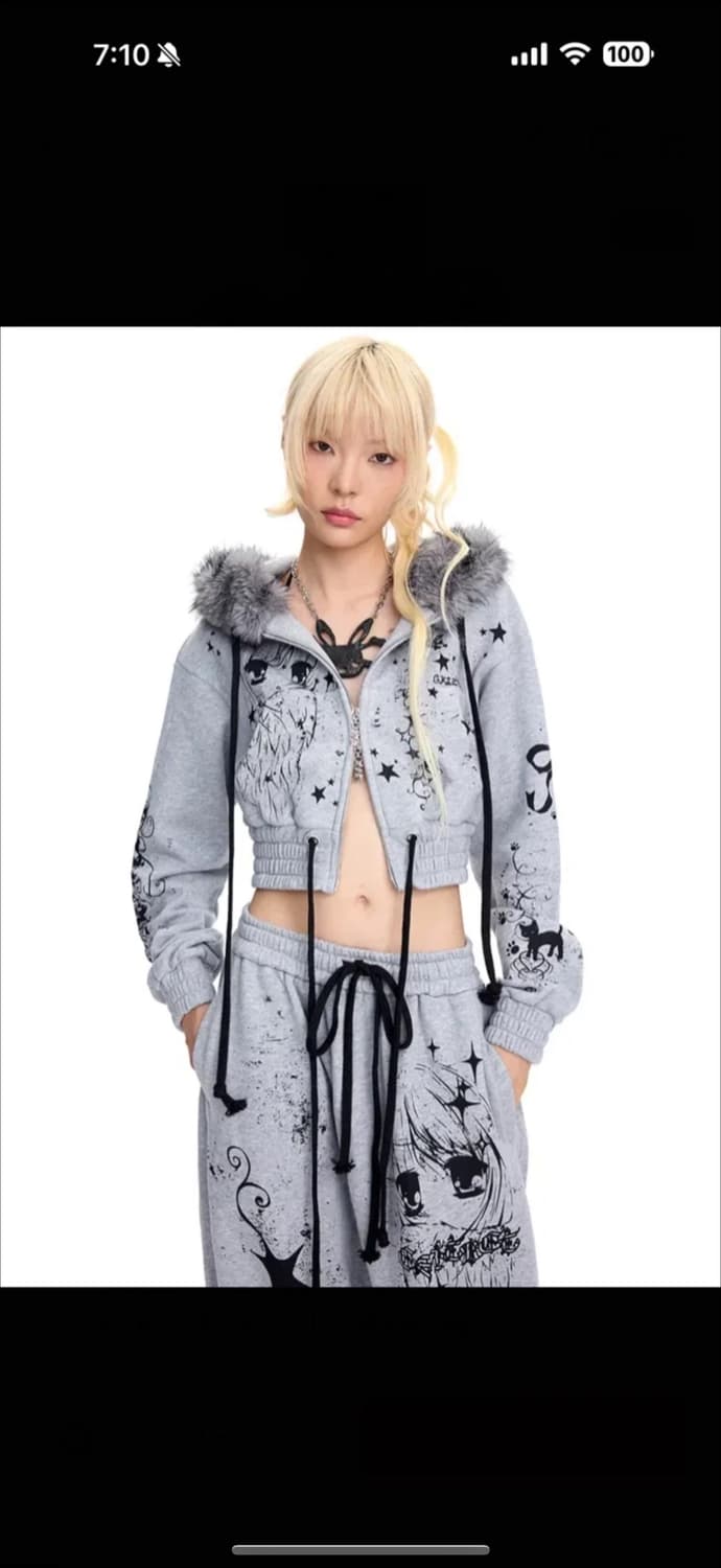 CFIERCE 씨피어스 엔젤걸 그래피티 퍼 후드집업 스웨트팬츠 셋업 세트 상품이미지2