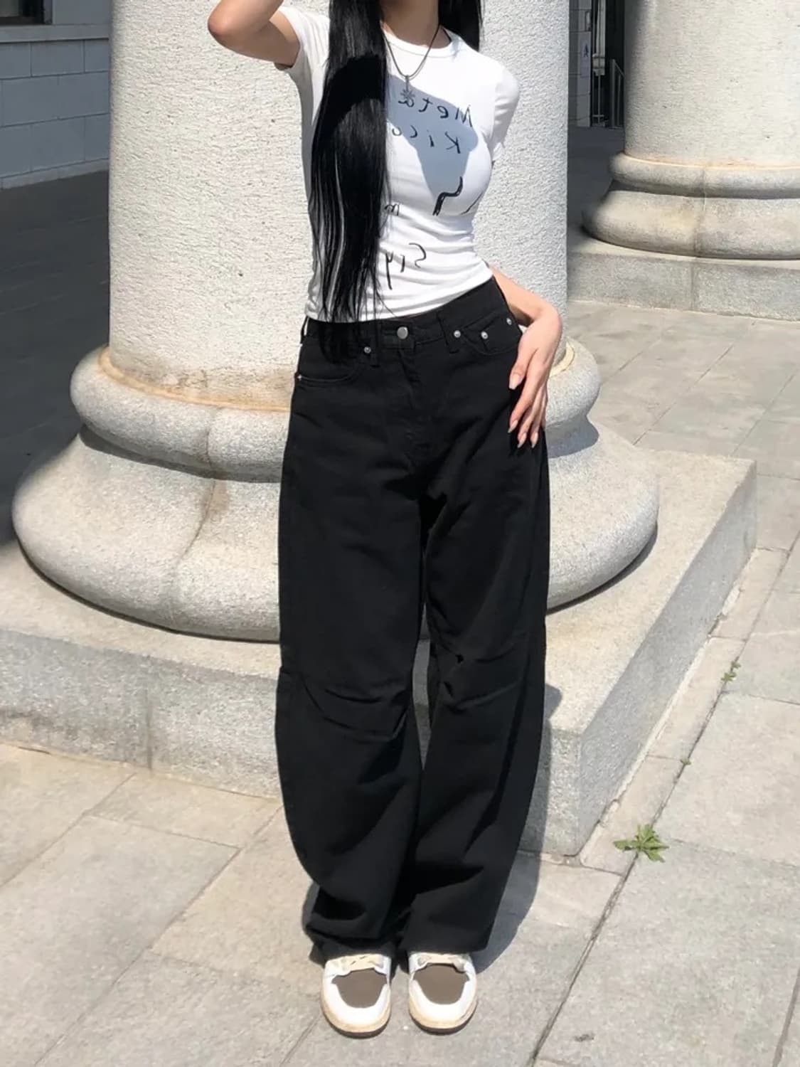 ootj 절개 와이드 코튼팬츠 블랙 s 상품이미지1