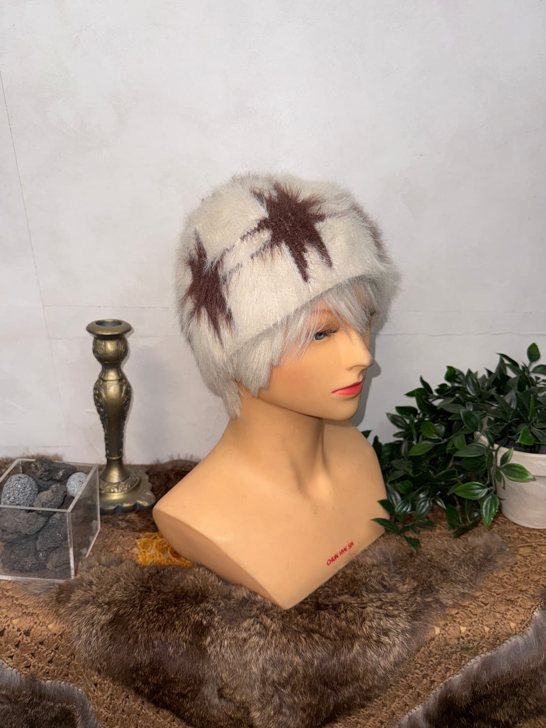 Ivory brown check angora beanie  상품이미지4