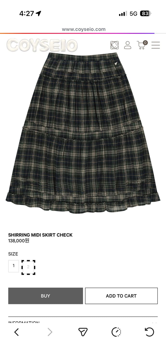 새상품) 코이세이오 셔링 미디스커트 체크 2사이즈 상품이미지1