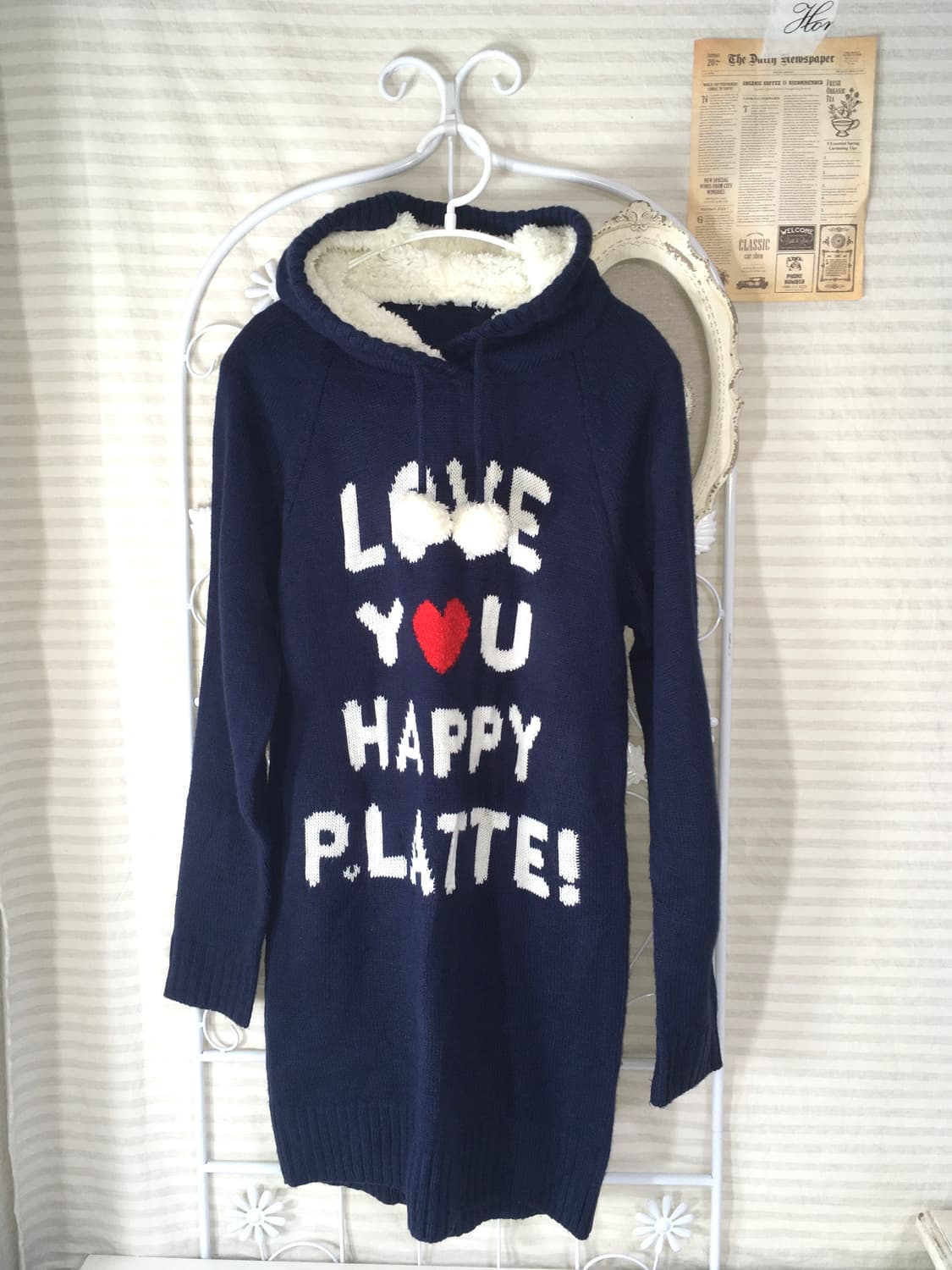 일본빈티지 네이비 후드 퍼 폼폼이 니트 원피스 상품이미지1