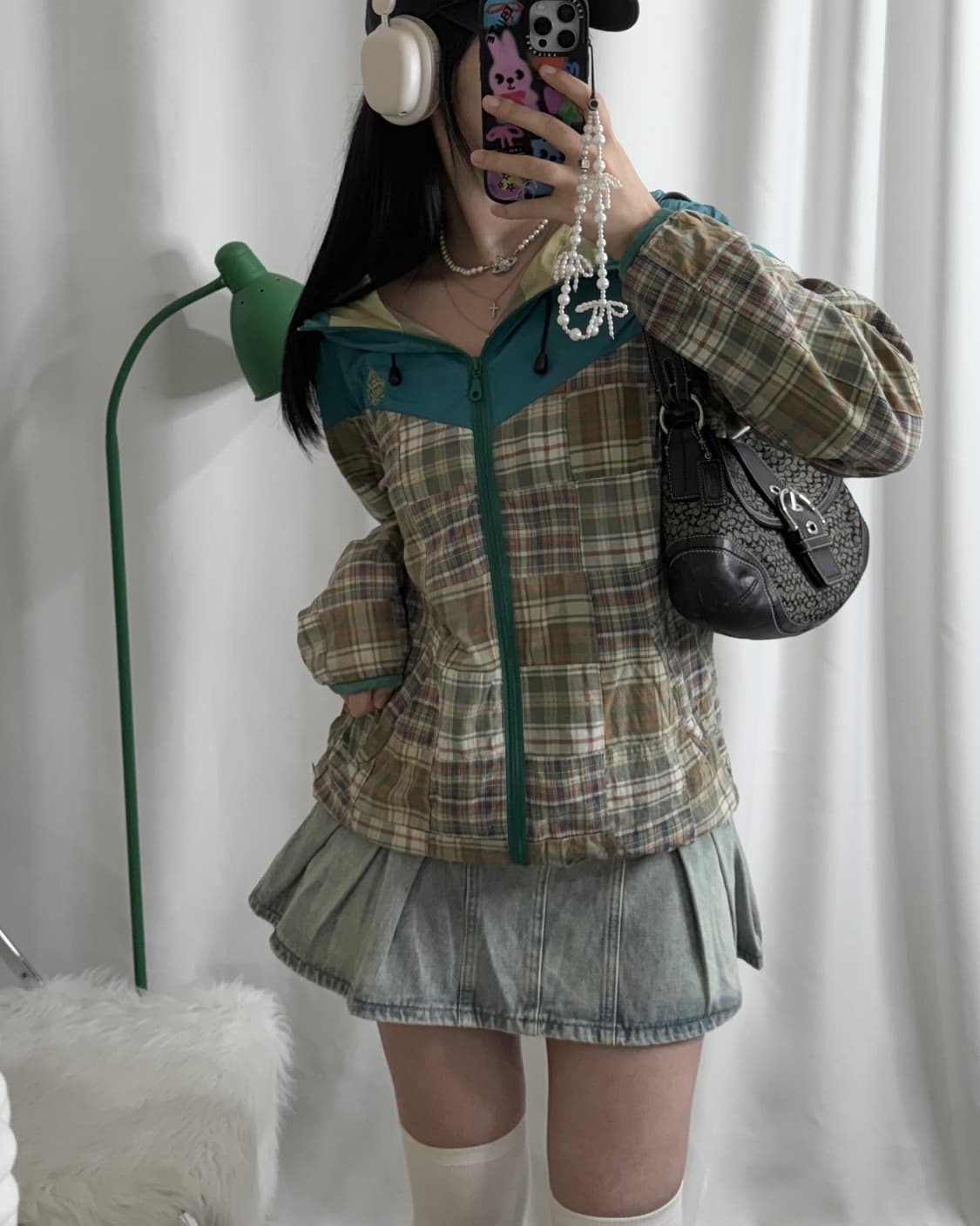 베이지 체크 오버핏 후드 집업 상품이미지1