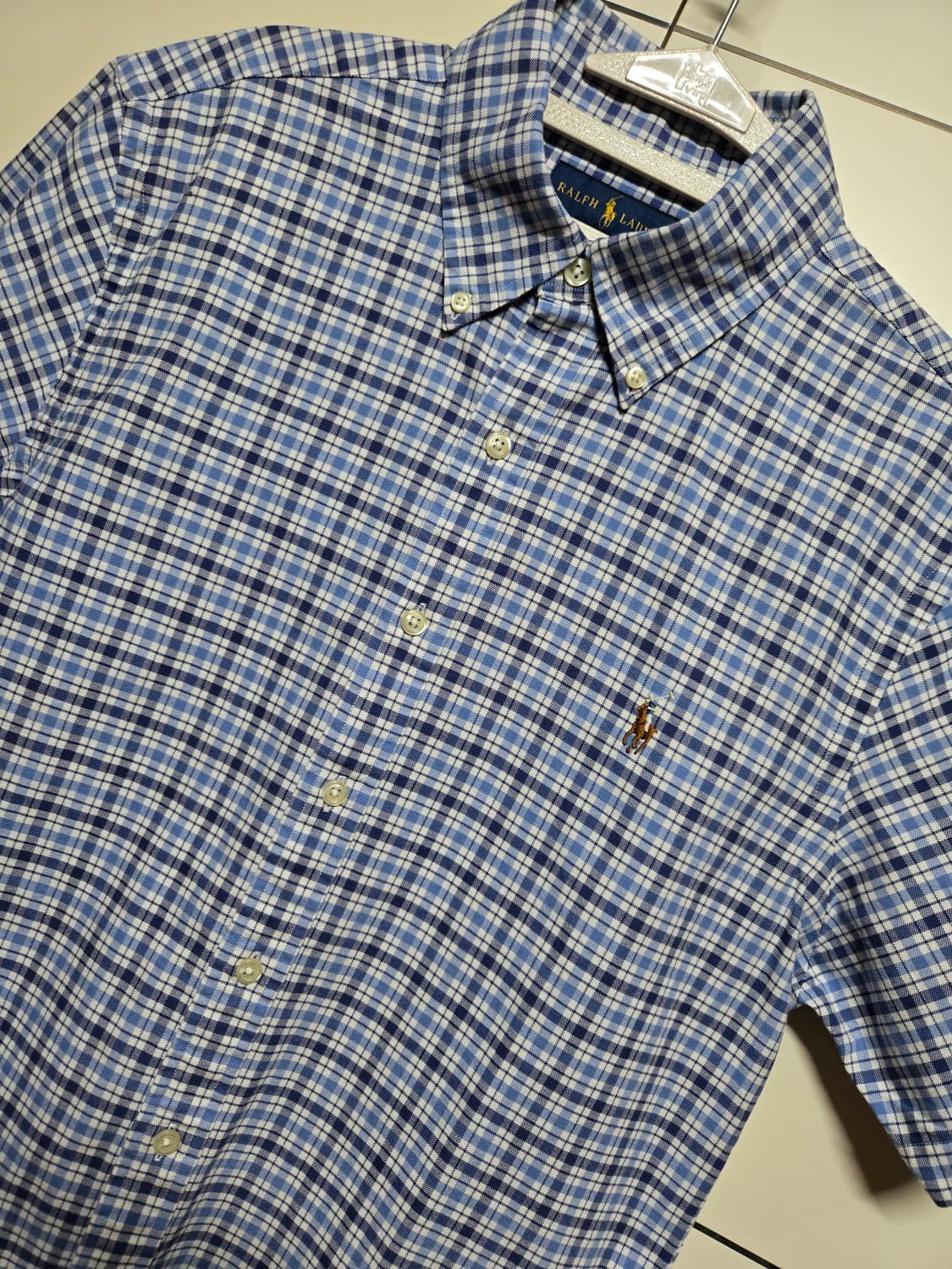 폴로 랄프로렌 옥스포드 남성 블루 체크 반팔 셔츠(M사이즈) 상품이미지1