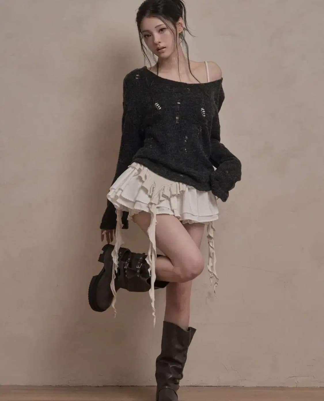 코디세트) 카키포인트 3피스 코디세트 니트+스커트+레이어드나시 상품이미지1