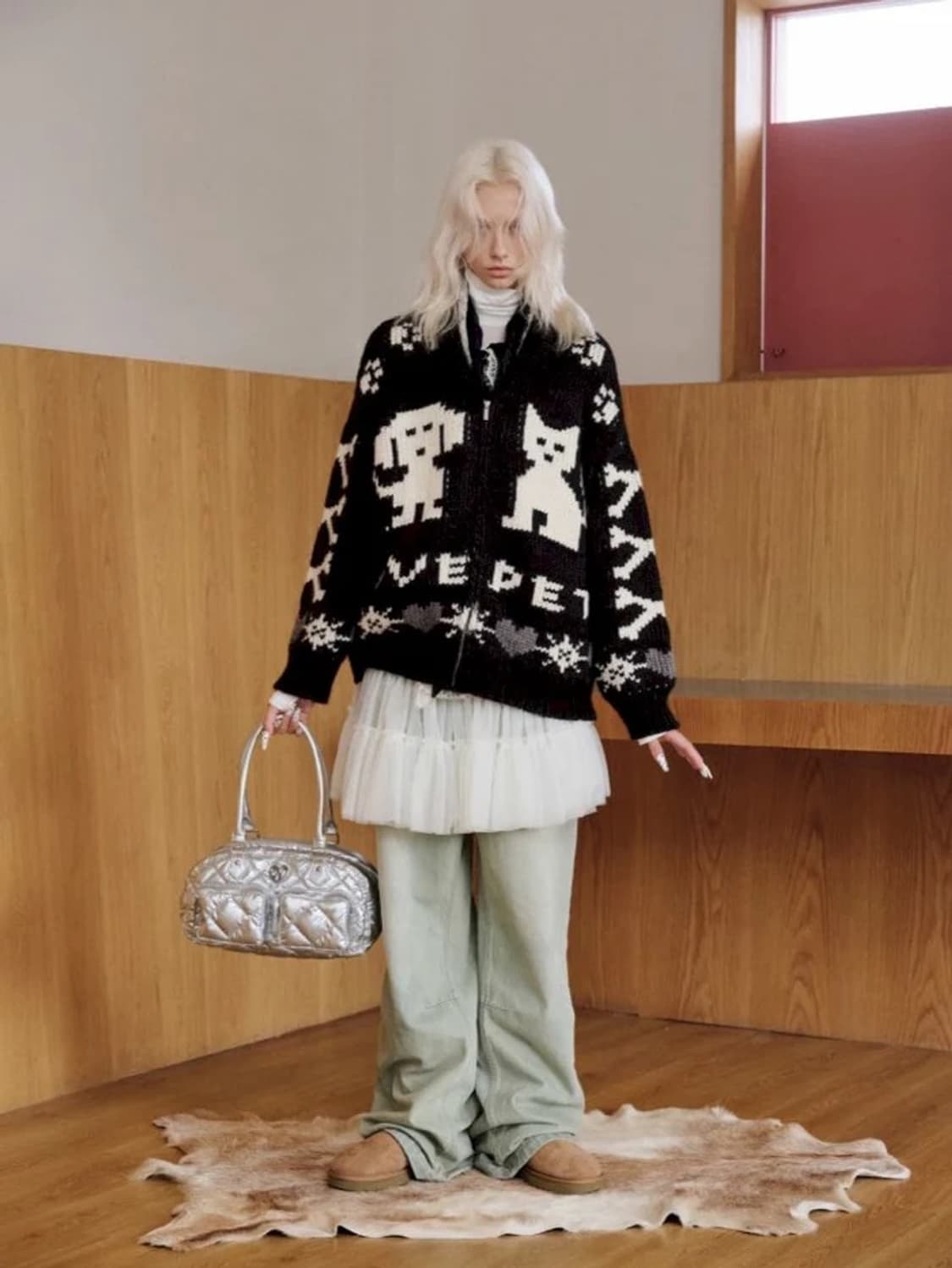 원진스튜디오 캣 픽셀 니트 가디건 블랙 S 상품이미지3