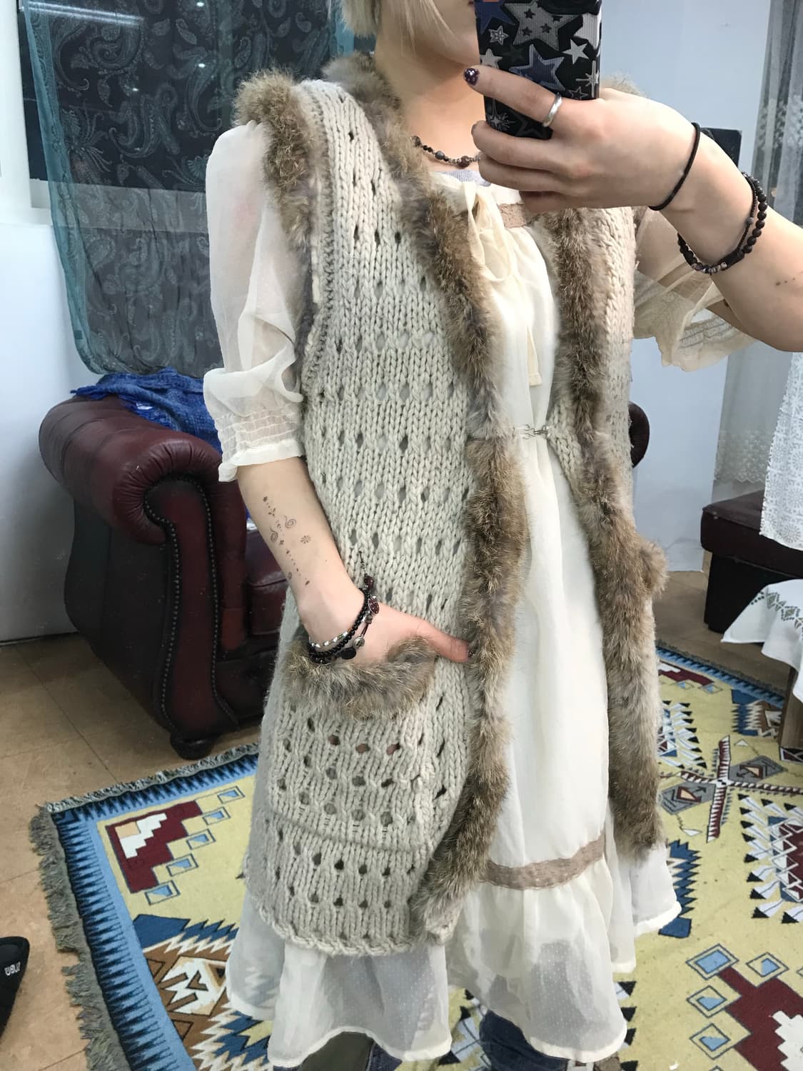 빈티지 여성 퍼 민소매 롱 가디건 (Z1006) 상품이미지2