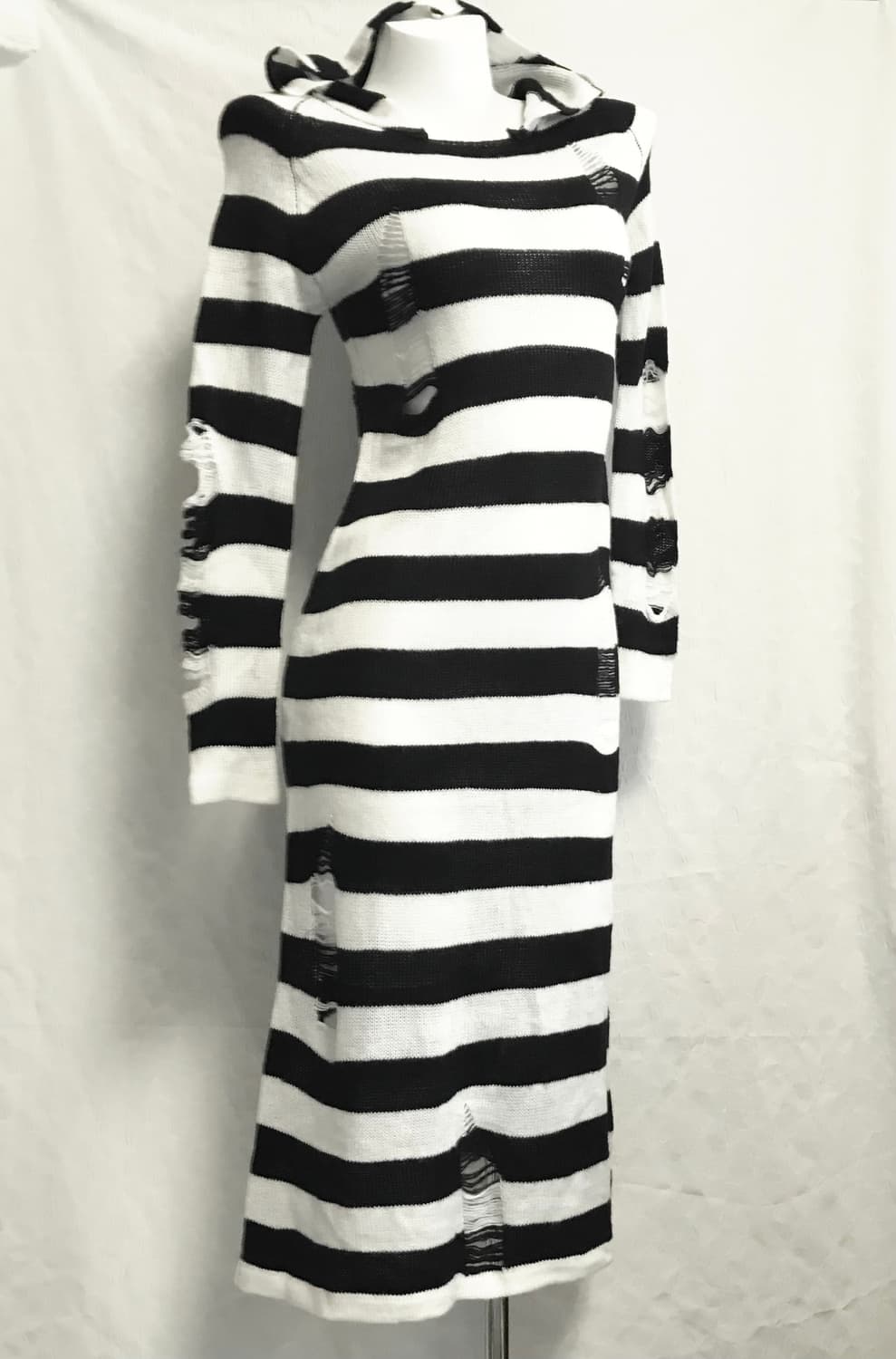 빈티지 펑크 데미지 스트라이프 후드 니트 원피스 상품이미지2