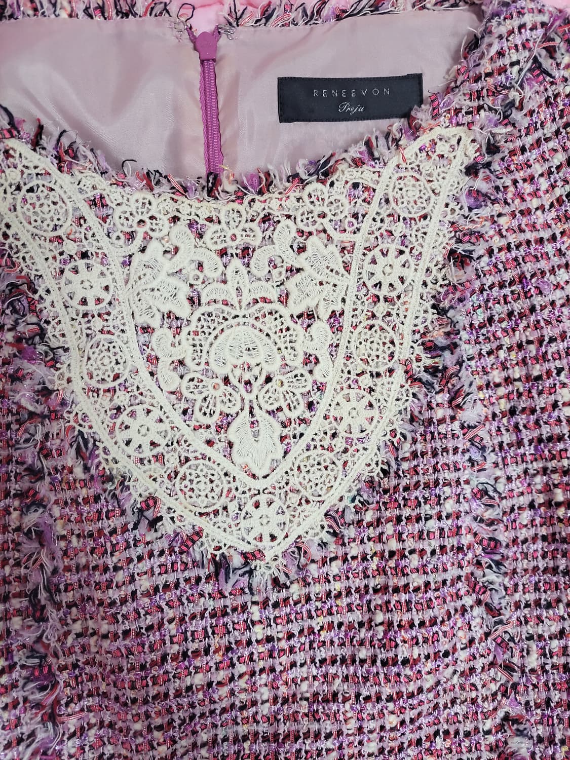 급처상태좋음!레니본 샤넬느낌 핑크 바이올렛 트위드 레이스 원피스 상품이미지3