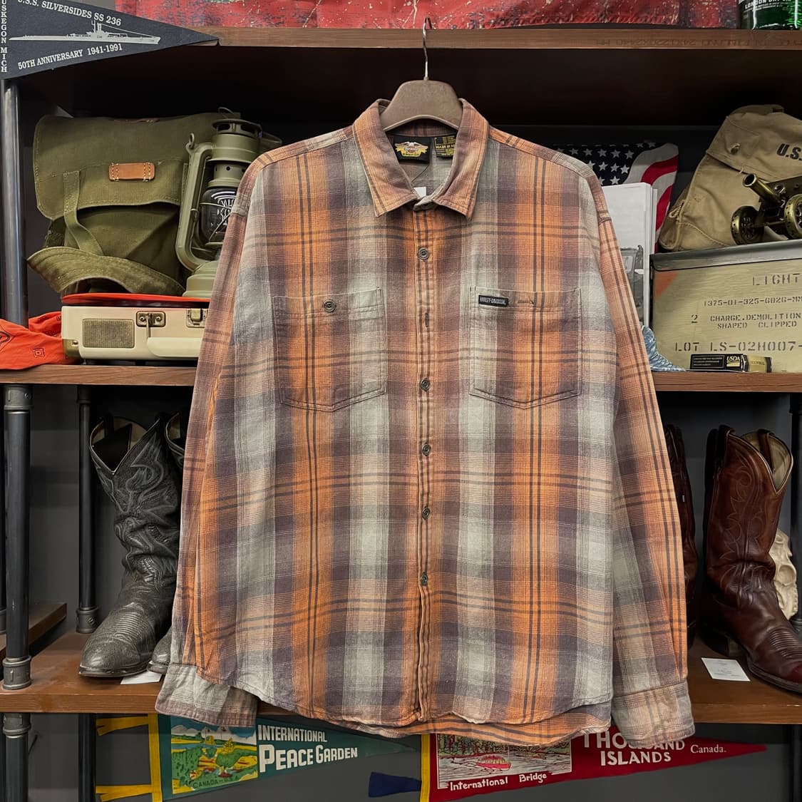 할리데이비슨 디스트레스드 포켓 로고 멀티 체크 셔츠 상품이미지1