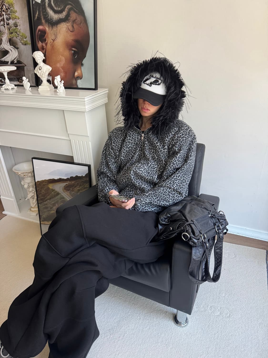 레오파드 호피 퍼 후드 후리스 기모 집업 상품이미지2