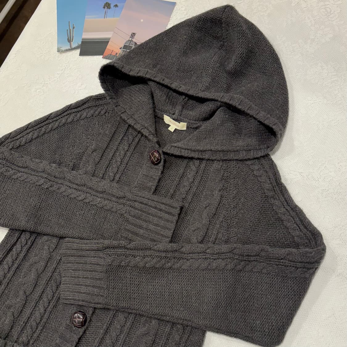 일본 빈티지 모리 후드 케이블 차콜 빵단추 원피스 롱 가디건 상품이미지6