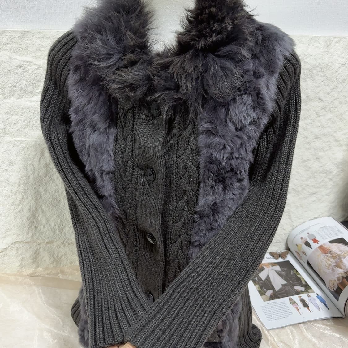 빈티지 다크 보라 토끼털 그레이 꽈배기 니트 자켓 가디건 상품이미지4
