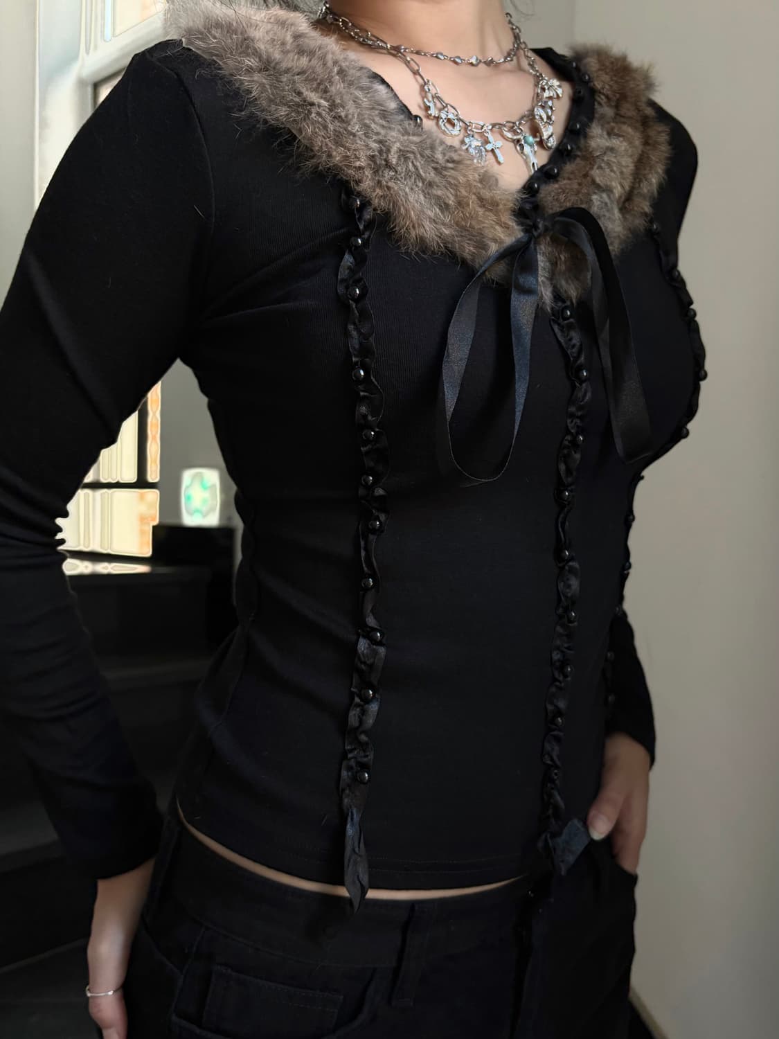 퍼 레이스 리본 롱슬리브 상품이미지2