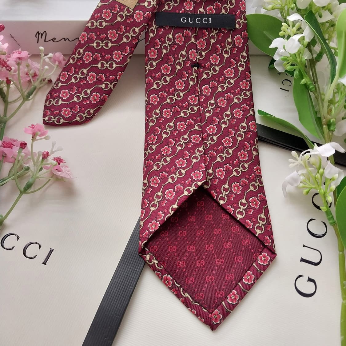 구찌 실크 와인 홀스빗&플라워 패턴 넥타이 8.4cm A+등급 K1823 상품이미지6