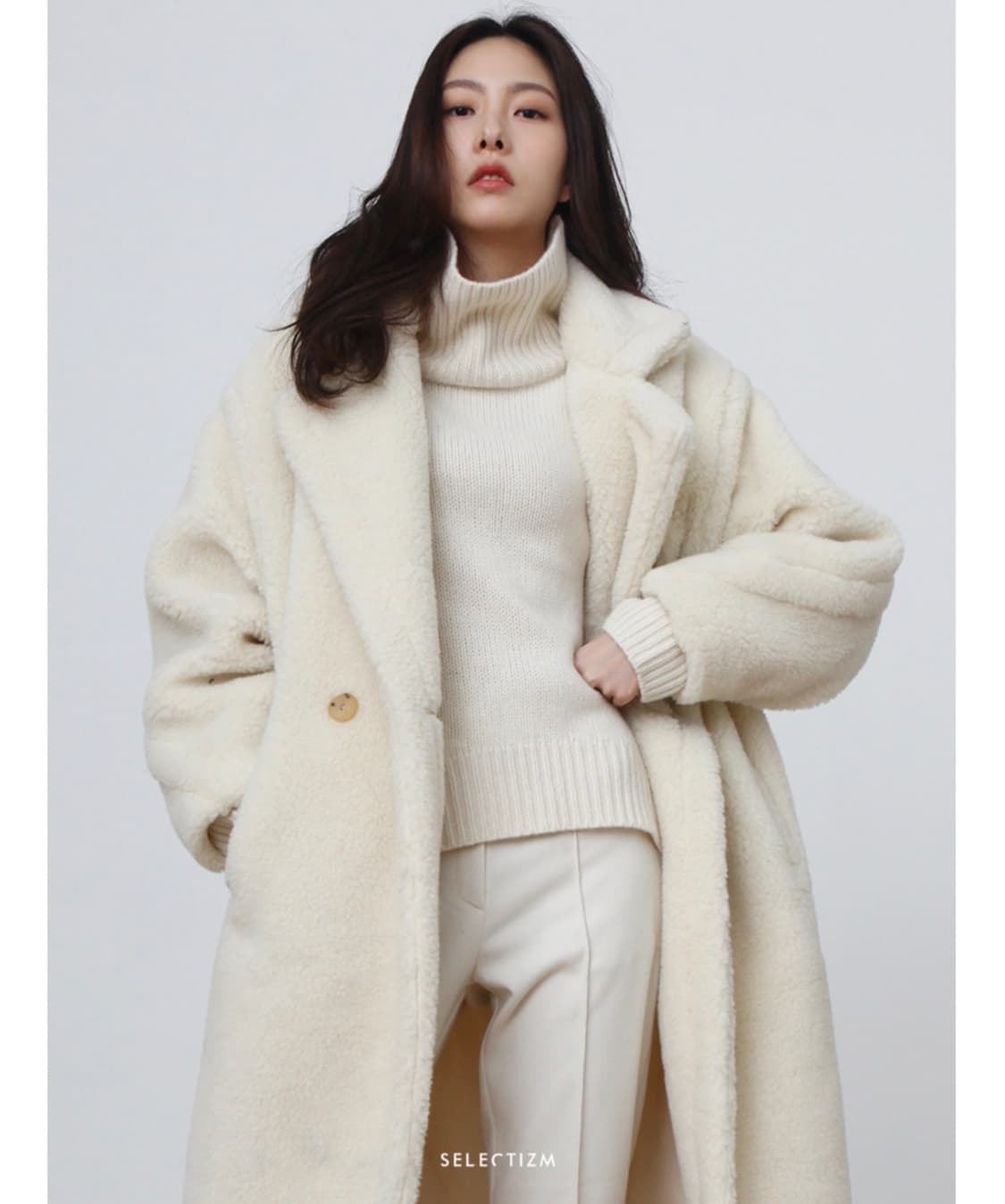셀렉티즘 테디베어 롱코트 아이보리 66~77 상품이미지1