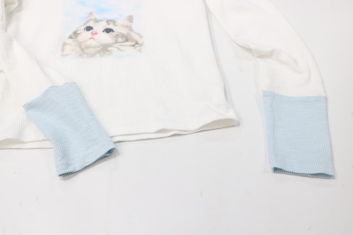 빈티지 캣 프린팅 배색 와플 긴팔 티셔츠 (M) 상품이미지5