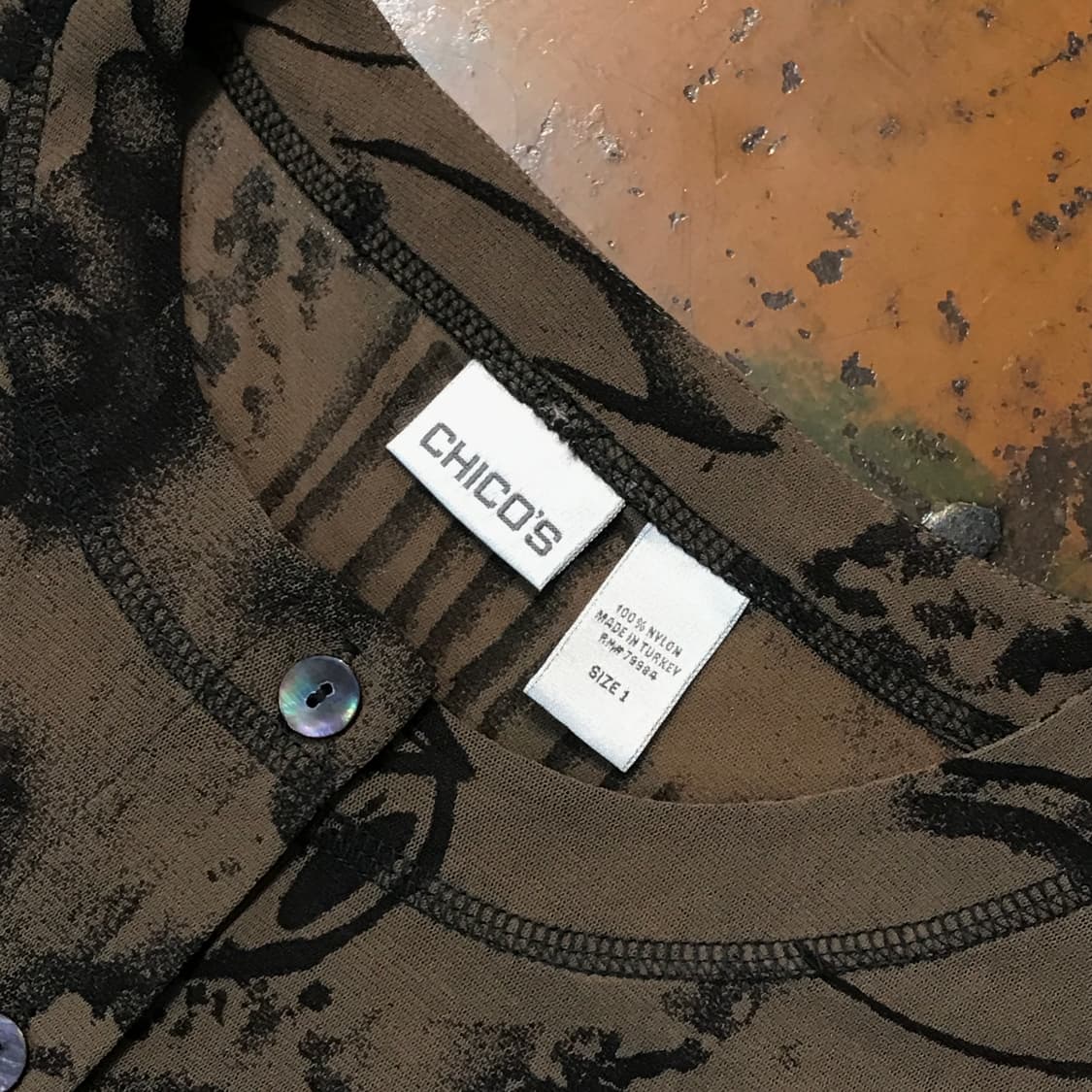 VTG 빈티지 브라운 프린팅 라운드넥 시스루 블라우스 여성 55 66 상품이미지3