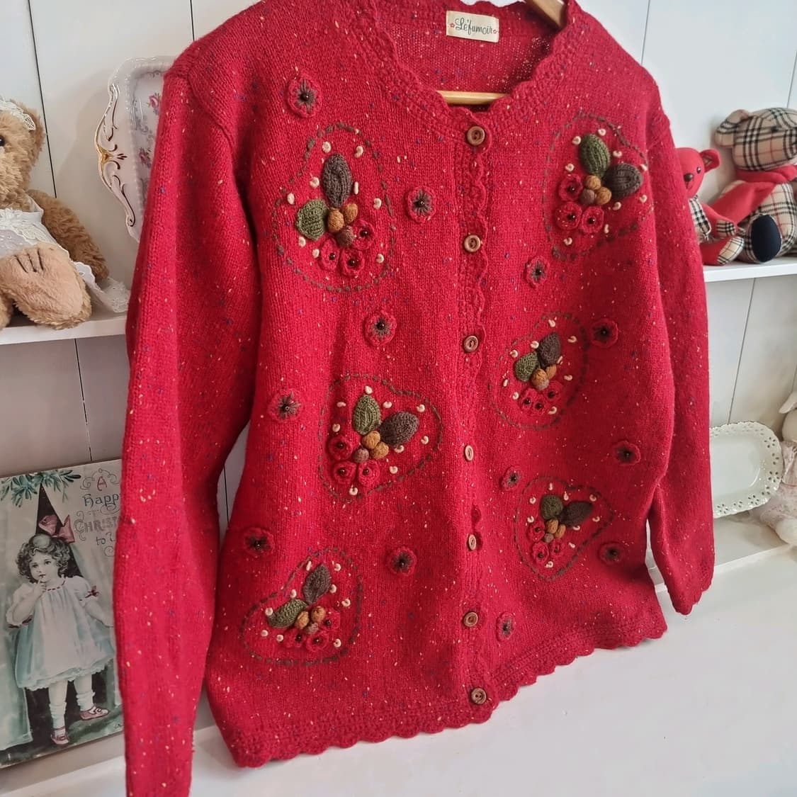 Lefumoir 레드 울 니트 가디건  입체 플라워 자수 상품이미지4