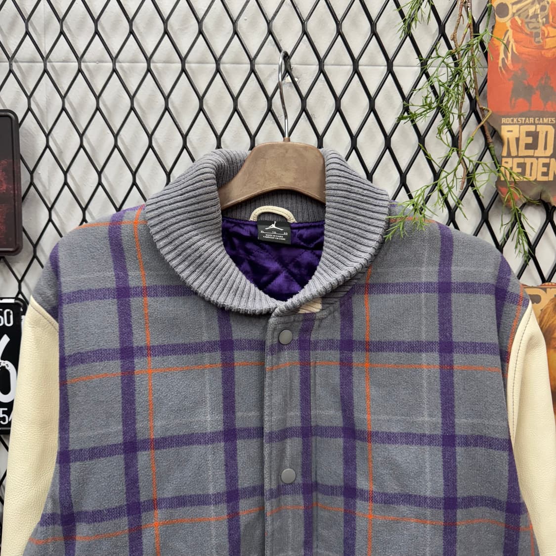 에어조던 울 레더 믹스 스타디움 자켓 체크패턴 그레이 화이트 배색 상품이미지3