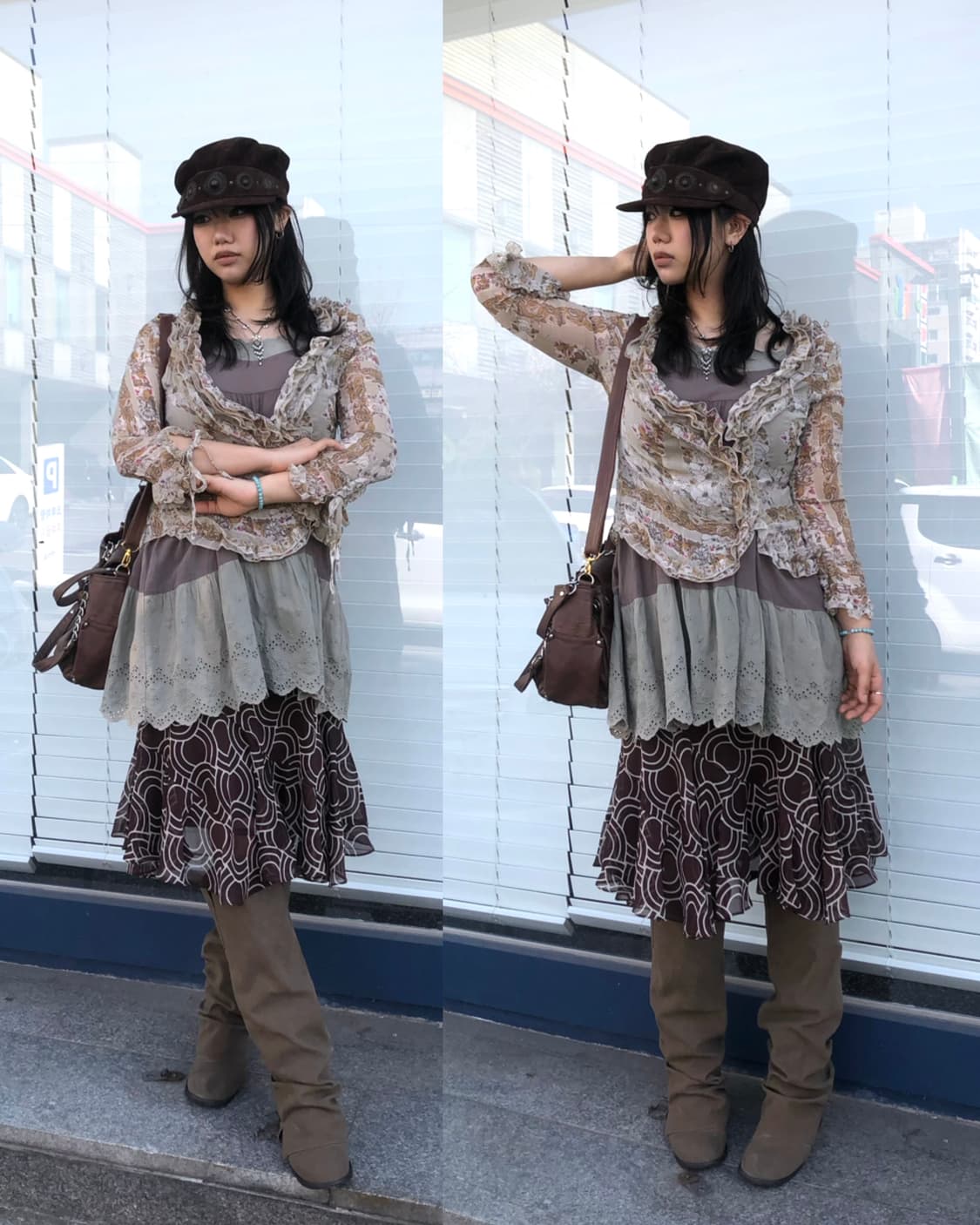 brown circle pattern frill midi skirt    상품이미지5