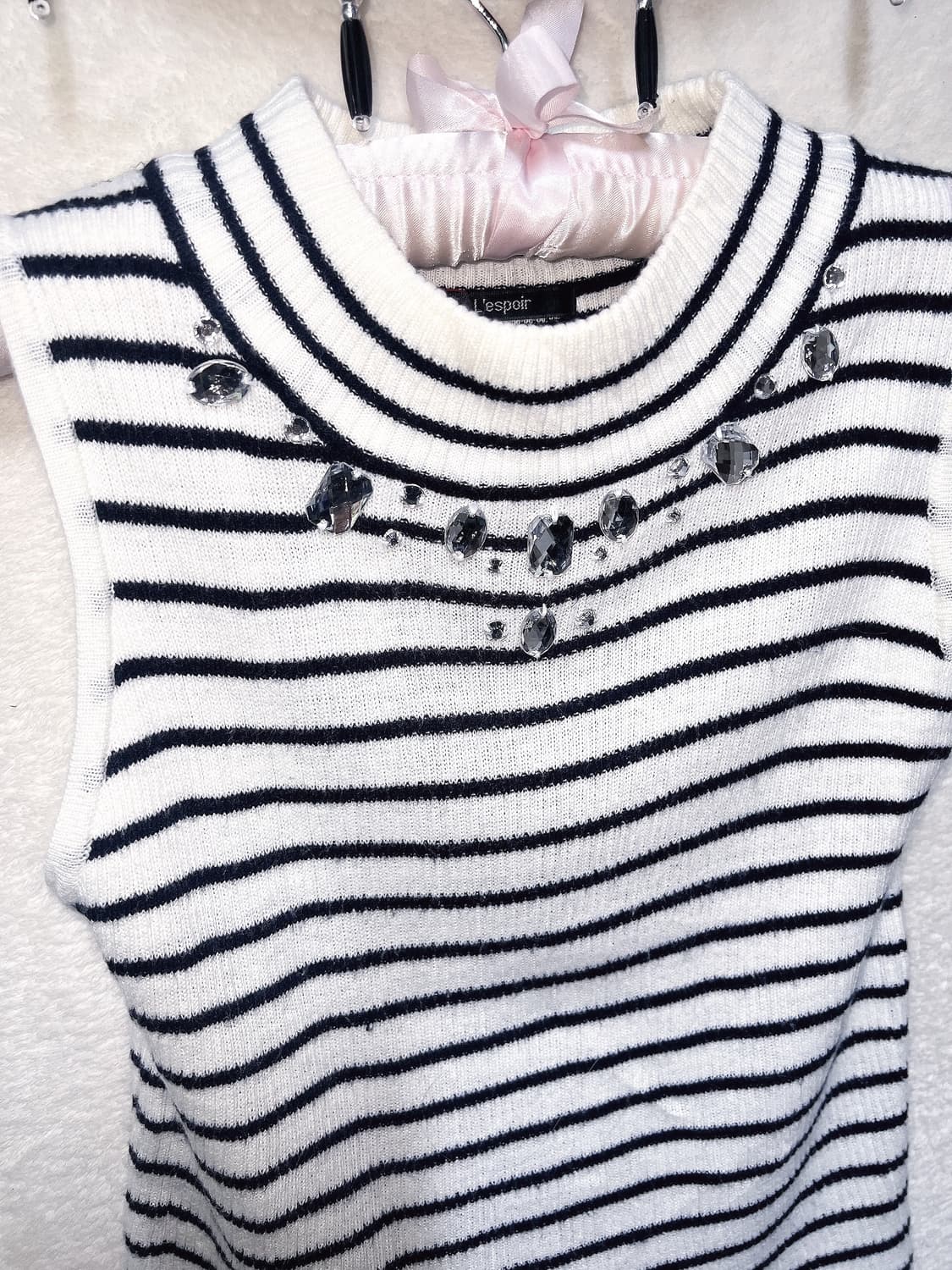 로맨틱갸루 로걀 오네 스트라이프 큐빅 장식 골지니트 탑 슬리브리스 나시 상품이미지9