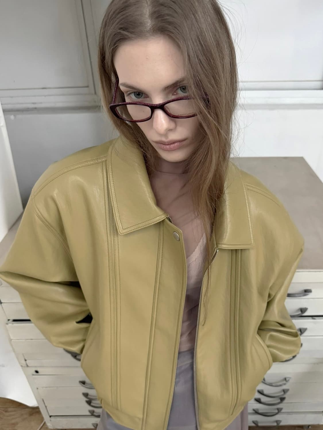 오버듀플레어 빈티지 레더자켓 블루종 머스타드 새상품 상품이미지1