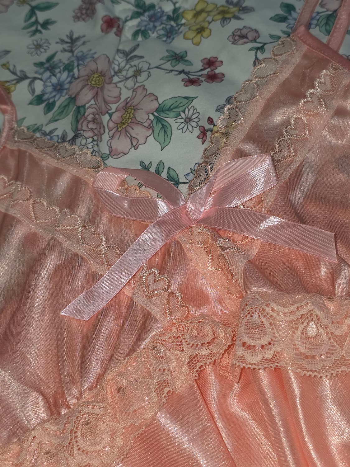 빈티지)하트 레이스 리본 언발란스 히메갸루 핑크 슬립원피스 홈웨어잠옷 상품이미지1