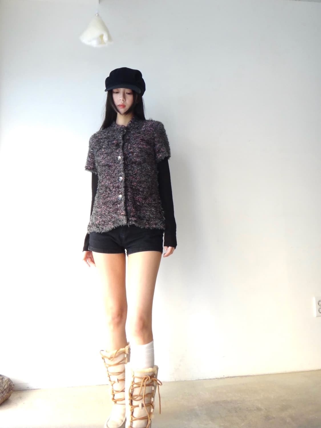 Color mix boucle button half cardigan  상품이미지4