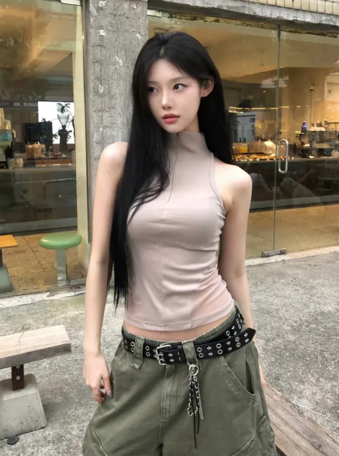 하프넥 집업 나시 베이지 상품이미지4