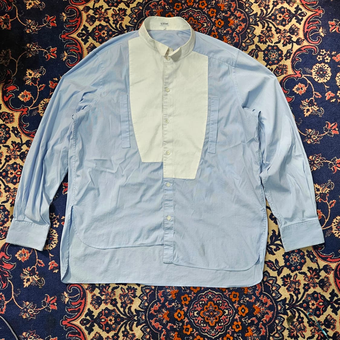 로에베(LOEWE)루즈핏 스트라이프 가죽 카라 블럭 셔츠 상품이미지1