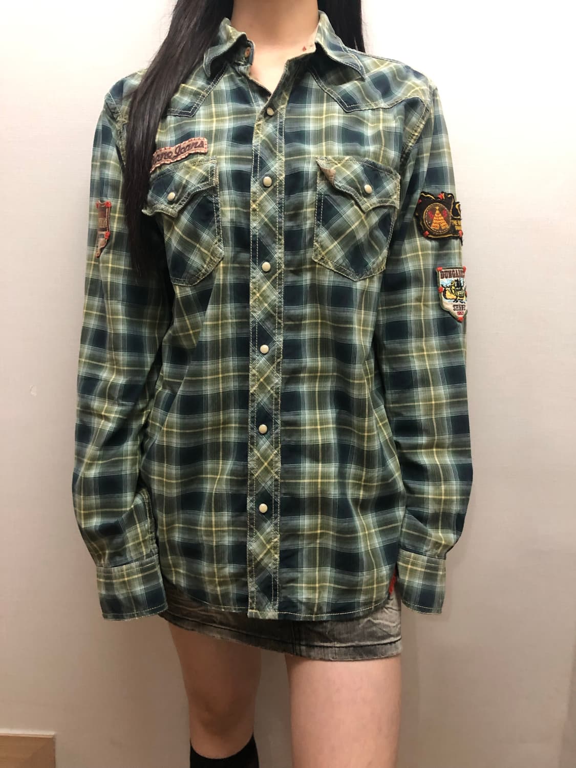 빈티지 그린 체크 패치 셔츠 상품이미지1