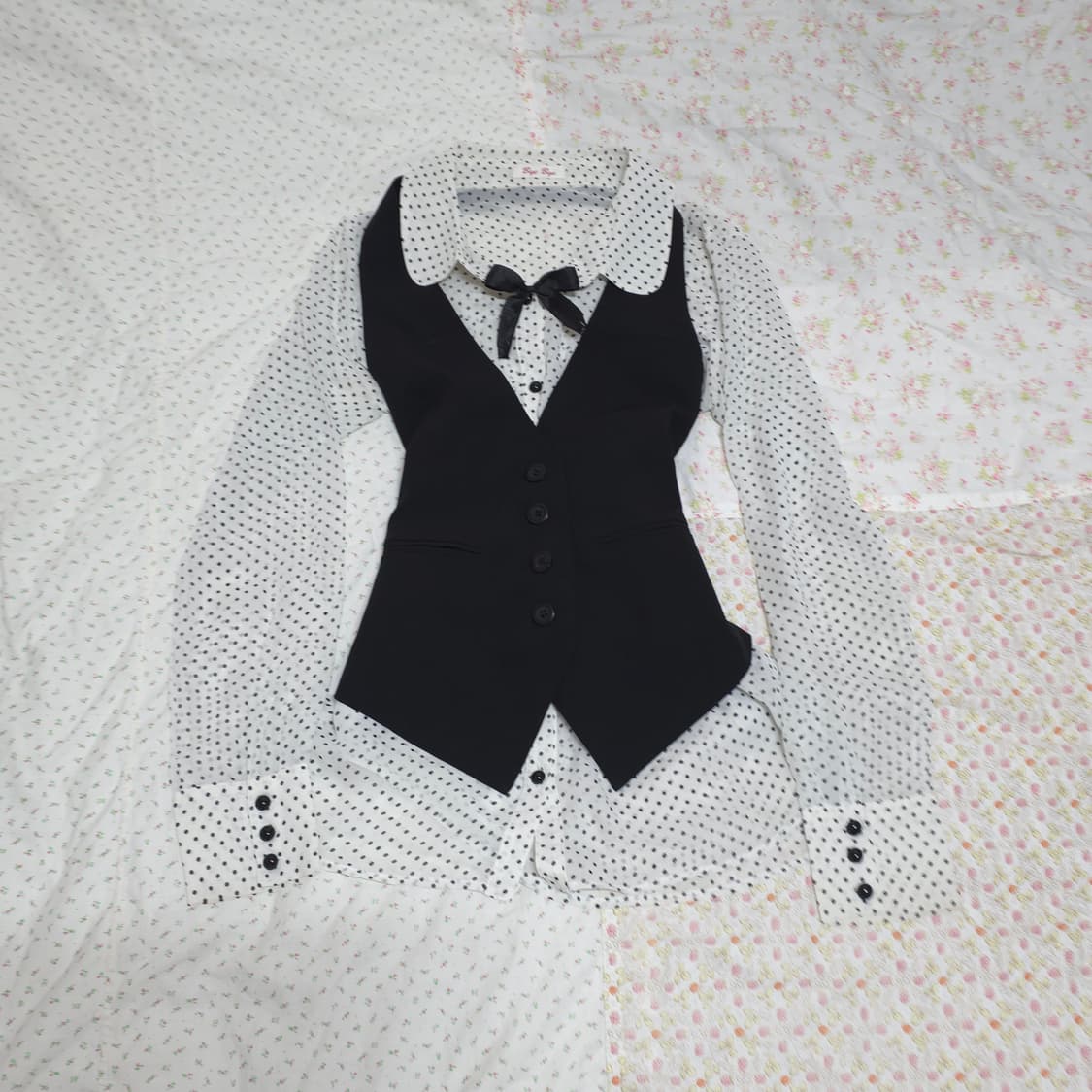 빈티지 공겜여주 도트 블라우스 베스트 세트 상품이미지1