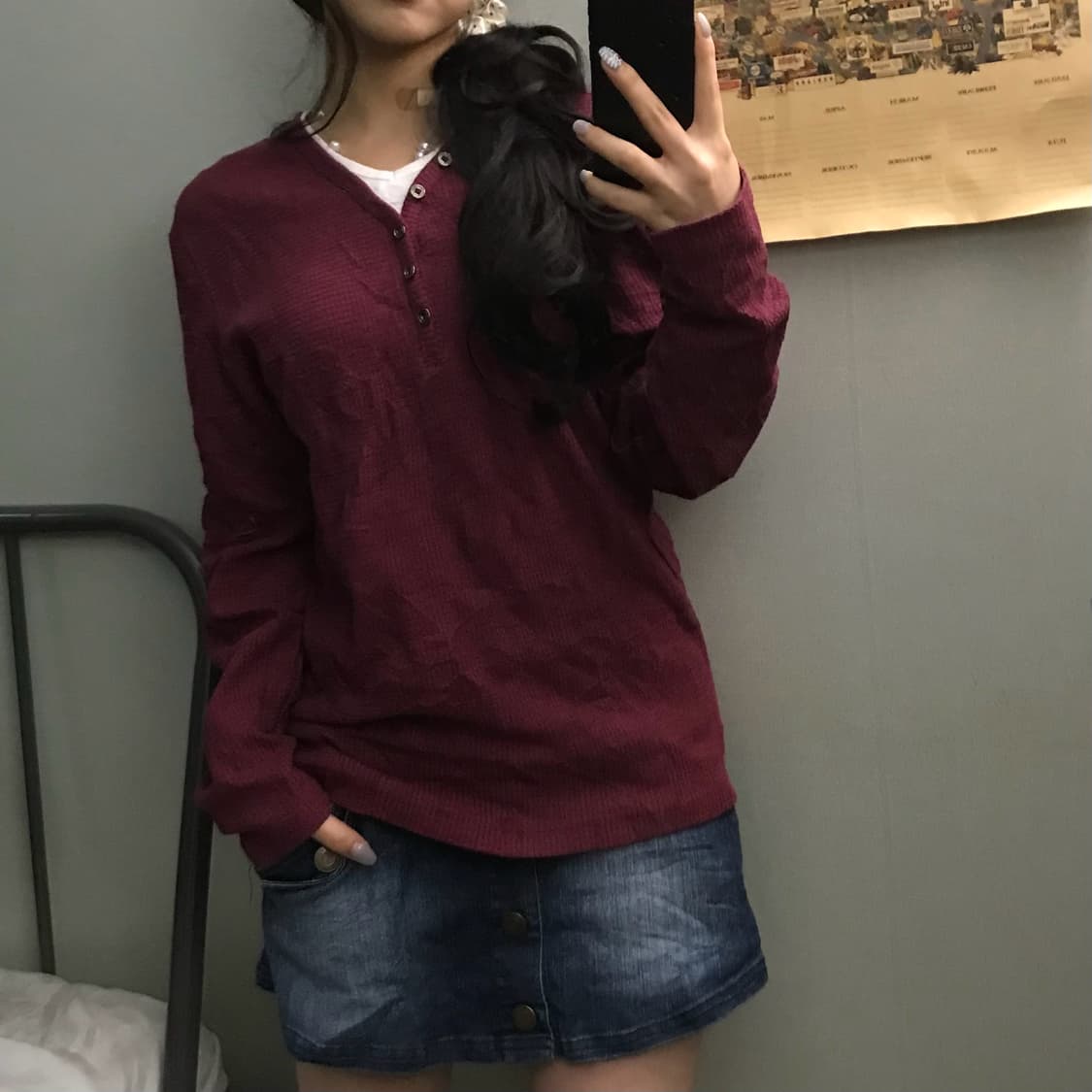 Amorte 모리걸 레이어드 버튼업 버건디 롱슬리브 상품이미지2