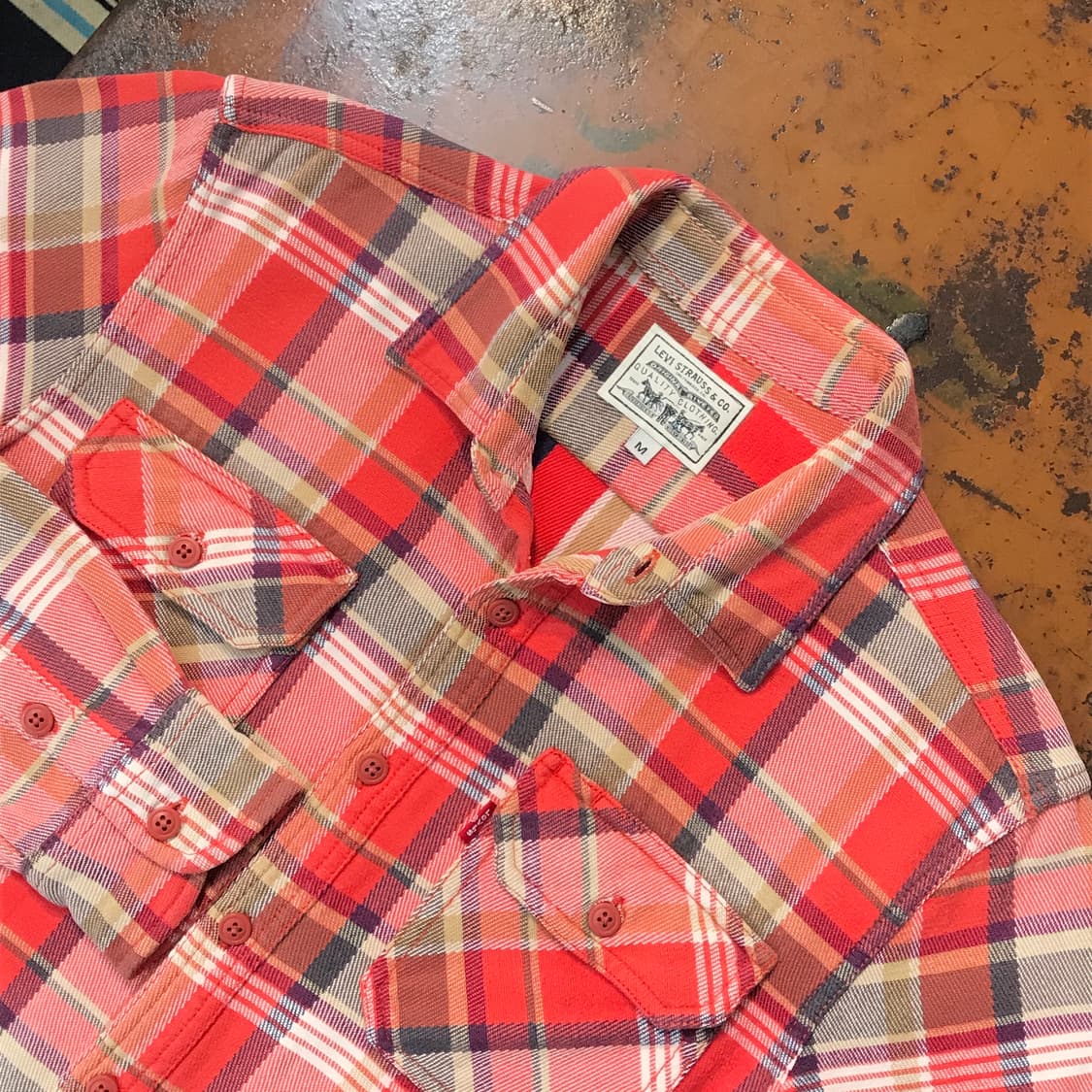 리바이스 투포켓 오렌지 마드라스 체크 코튼 셔츠 남성 102 여성 루즈피 상품이미지3