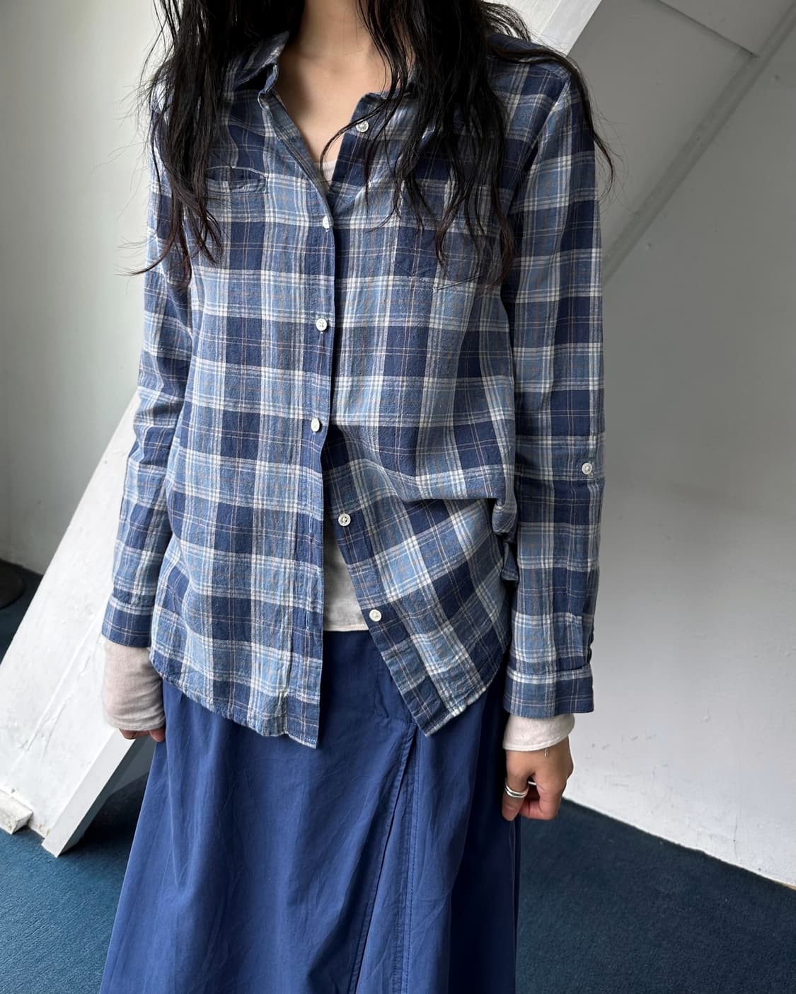 Rough cotton linen design check  shirt 상품이미지6