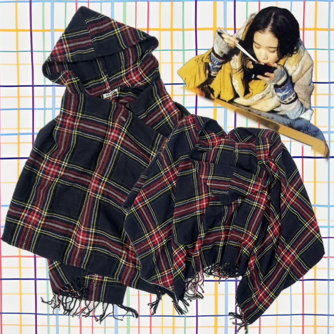 🪾하구미의 그런지 히피 판초 망토🪾케이프 아우터 태슬 체크 고갸루 상품이미지1