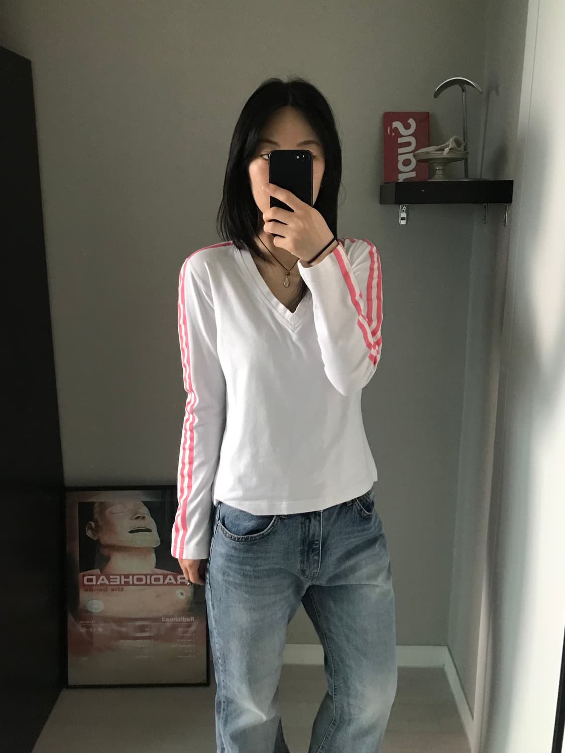 아디다스 해외판 트레포일 사이드라인 브이넥 화이트 롱슬리브티 상품이미지3