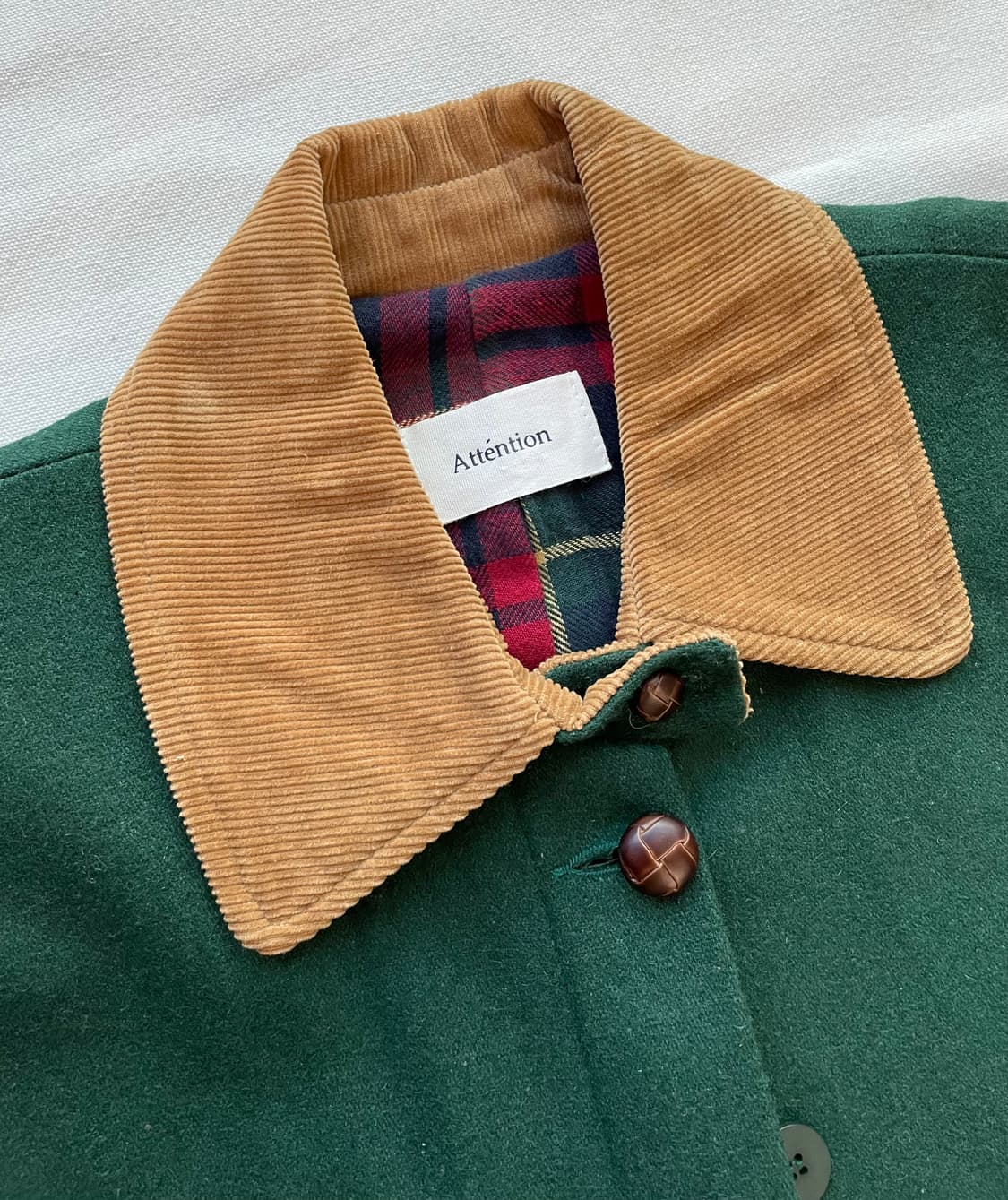 어텐션 그린 코트 맥코트 코듀로이 카라 초어 헌팅 자켓 타탄 체크 상품이미지3