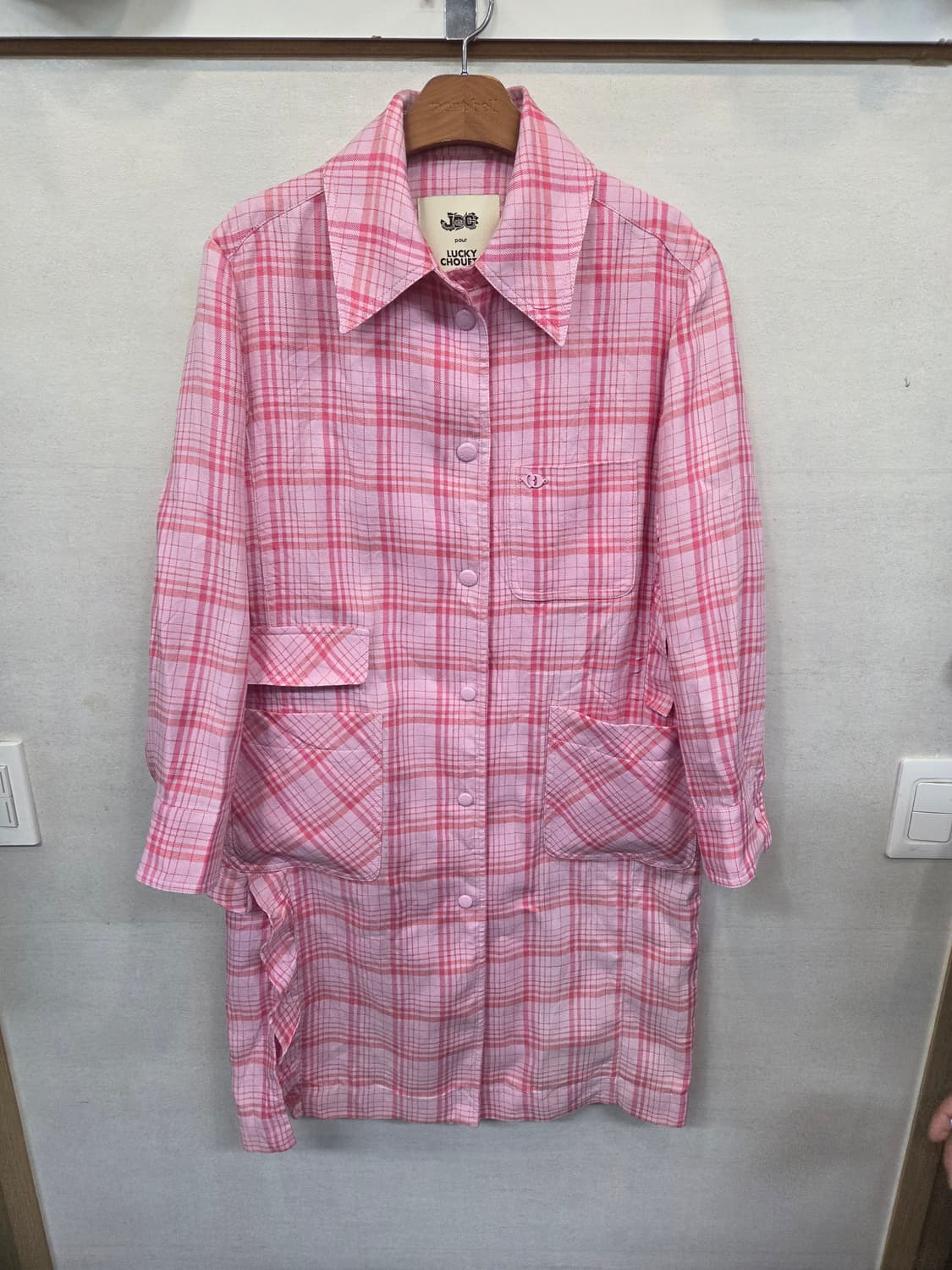 럭키슈에뜨 린넨 체크 셔츠타입 코트 핑크자켓 36사이즈  상품이미지1