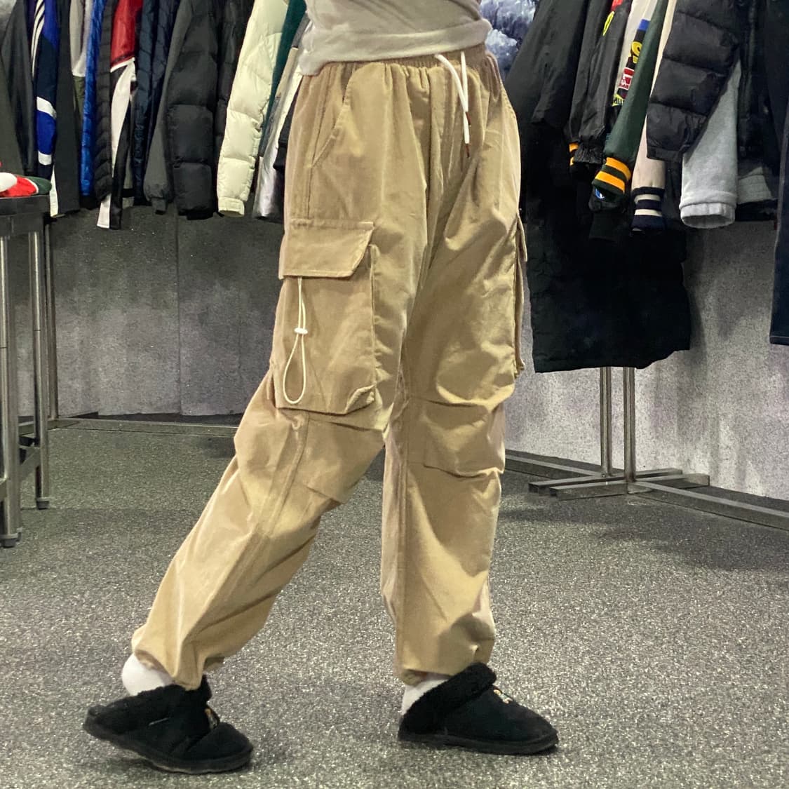 빈티지 립스탑 카고 베이지 스트링 조거 팬츠 B3770 상품이미지2